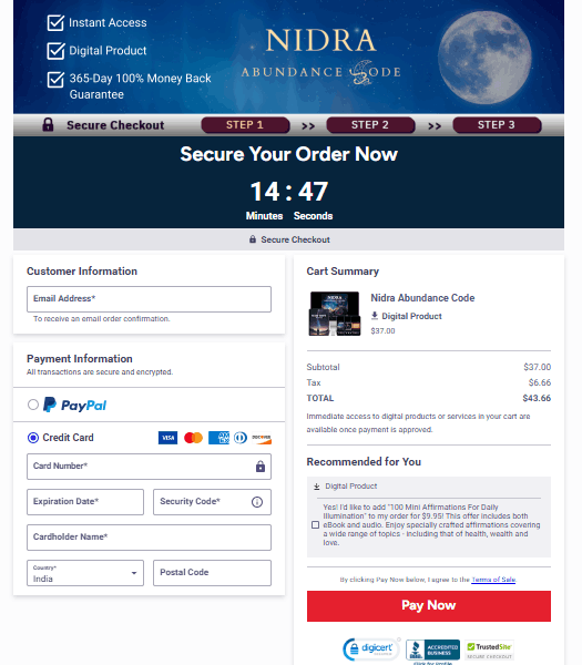 Nidra Abundance Code Checkout Page